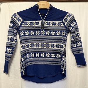 Talbots Women 1/4 Zip Nordic Sweater Size Medium Blue White Fair Isle Wool Bend‎